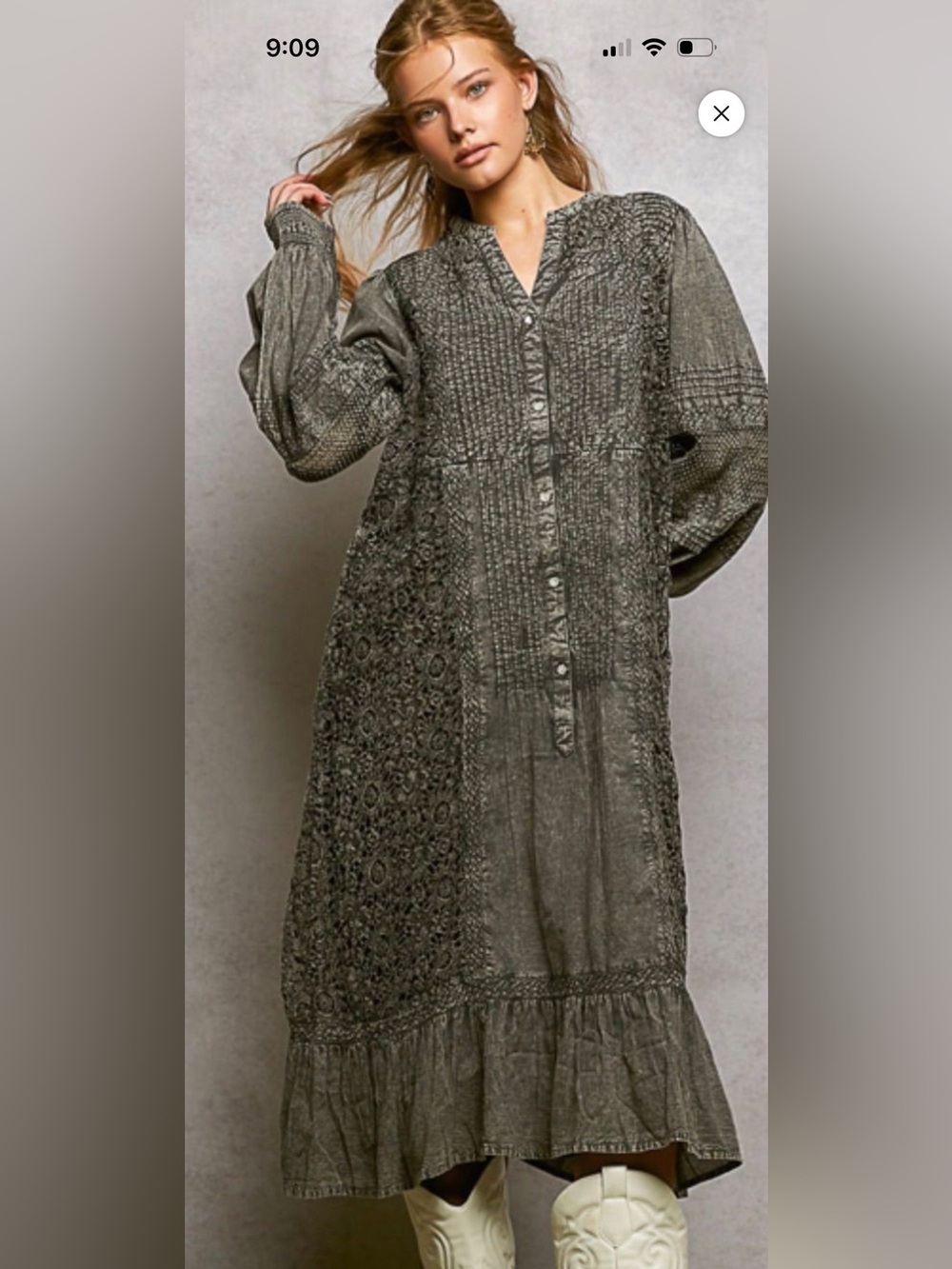 POL Long Button-Front Dress in Olive Gray